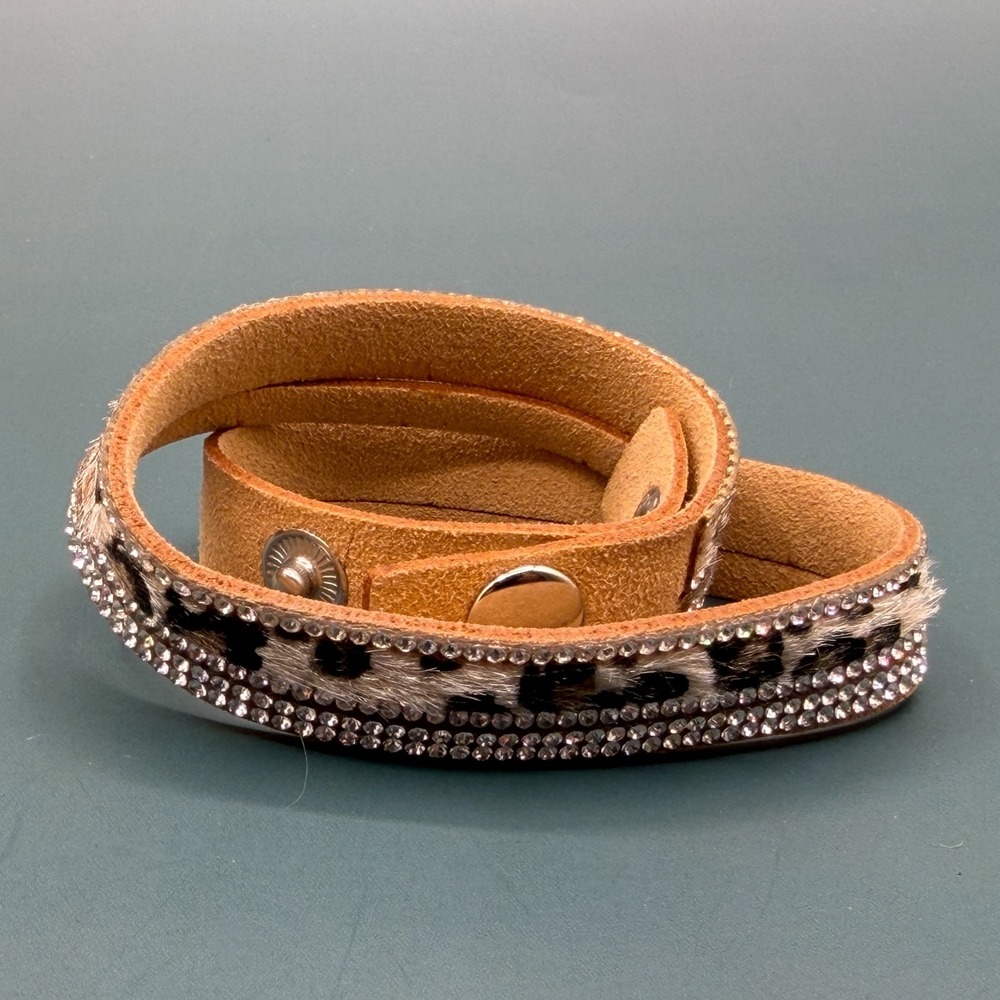 Leopard Print Rhinestone Wrap Bracelet Tan Suede Crystal Sparkle Boho Statement - Picture 9 of 13
